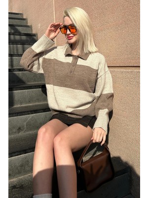 Madmext Vizon Düğmeli Polo Yaka Çizgili Kadın Kazak MG2286