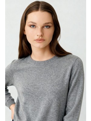 Desen Triko Kadın Sıfır Yaka Klasik Yün Kazak Y.füme