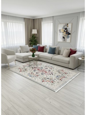 Brillant Bej Renk Çiçek Desenli Vintage Lateks Taban Halı