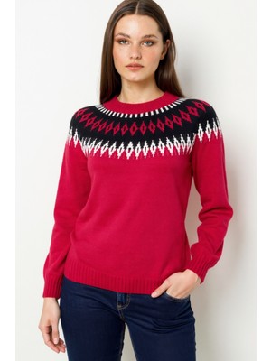 Desen Triko Kadın Sıfır Yaka Robası Baklavalı Yün Kazak K.kırmızı