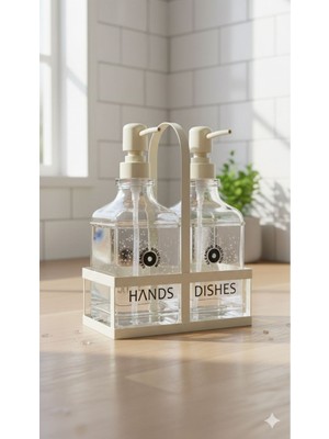 Morponi Metal Stantlı 2'li Cam Sabunluk&deterjanlık Hands-Dishes Kremrengi 500 ml + 500 ml