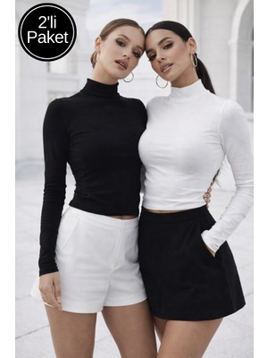 Rich Kadın Siyah Beyaz 2'li Paket Yarım Balıkçı Yaka Uzun Kollu Crop Bluz