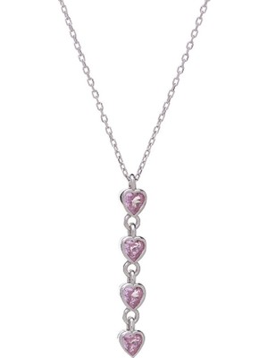 Nagiss Pembe Zirkon Taşlı 4'lü Kalp Model 925 Ayar Gümüş Kadın Kolye