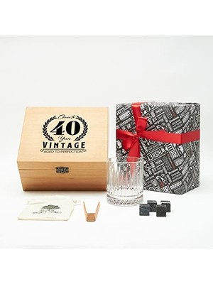 Storemax 40 Yaş Tasarımlı Ahşap Kutulu Tekli Glasgow Viski Kadeh Seti + 4 Soğutucu Taş Seti