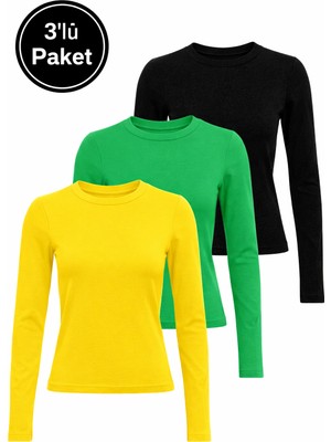 Rich Kadın Siyah-Sarı-Yeşil 3'lü Paket Bisiklet Yaka Esnek Kumaşlı Vücuda Oturan Slim Fit Uzun Kollu Crop Body