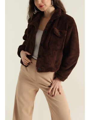 Modeva Global Kadın Kahverengi Düğmeli Çift Cepli Tedy Comfort ve Şik Peluş Mont