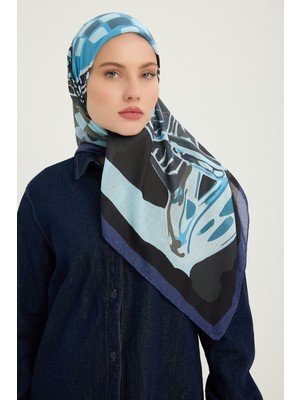 Schaless Pastel Yolculuk - Lacivert - Efilia Desenli Eşarp - 90X90 cm