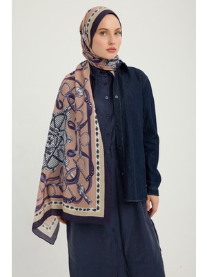 Schaless Süvarinin Arması - Lacivert - Vierra Desenli Viskon Şal - 70X190 cm