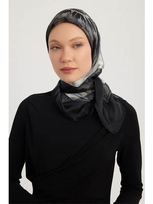 Schaless Güneş Çiçeği - Gri - Aurora Desenli Janjan Eşarp - 90X90 cm