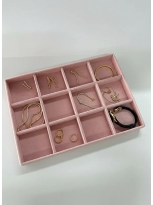 Megass Dekor Mozambik Model Süet Kumaş Pembe Renk 34/24 cm 12 Bölmeli Takı Sergileme Çekmece Içi Standı