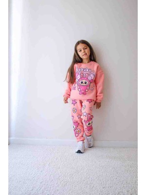 Jelibom Labubu Baskılı 3 Iplik Şardonlu Kız Çocuk Eşofman Takımı Ikili Takım