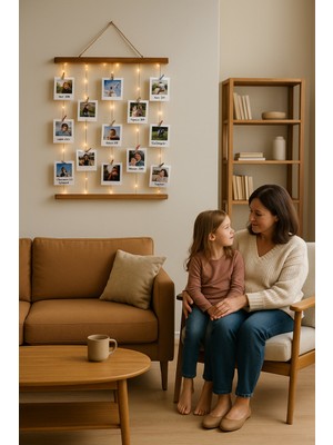 KütükOn Ahşap Led'li Mandallı Fotoğraf Çerçevesi | Duvar Dekoru ve Anı Köşesi Seti