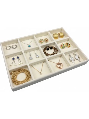 Megass Dekor Mozambik Model Süet Kumaş Krem Renk 34/24 cm 12 Bölmeli Kolye Ucu Servis Tablası