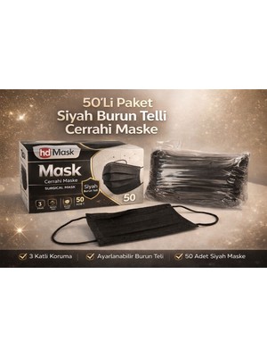 Hd Mask 50'li Cerrahi Siyah Ipli Maske 3 Katlı