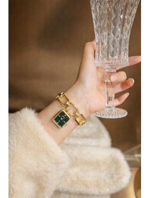 Stainless Stell Casual Tarz Altın Kaplama Kordonlu Quartz Saat Bileklik