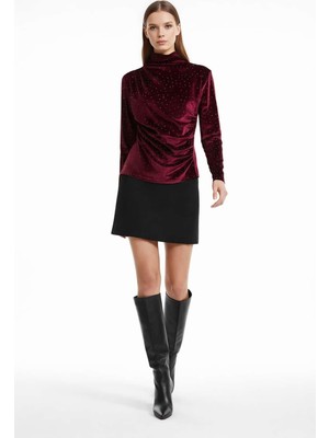 Shopping Shop Drape Yaka Taşlı Kadife Bluz Bordo