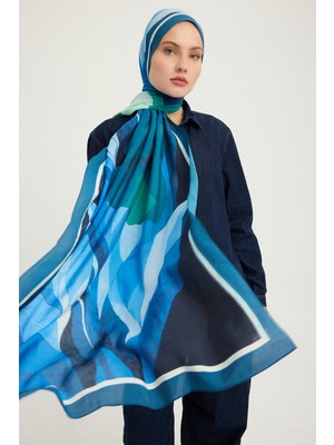 Schaless Işıklı Çiçekler - Mavi - Vierra Desenli Viskon Şal - 70X190 cm
