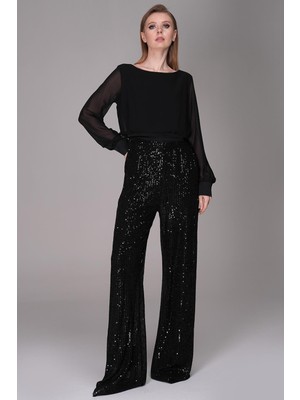 Journey Kayık Yaka-Üst Beden Şifon Detaylı, Alt Payetli Tulum