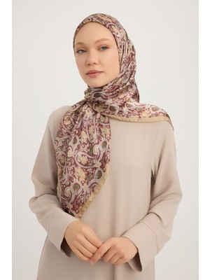 Schaless Etnik Bahar - Bordo - Aurora Desenli Janjan Eşarp - 90X90 cm