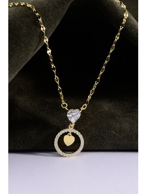 Altın Kaplama 925 Ayar Gümüş Kalp Taşlı Halkalı Aynalı Zincir Kolye