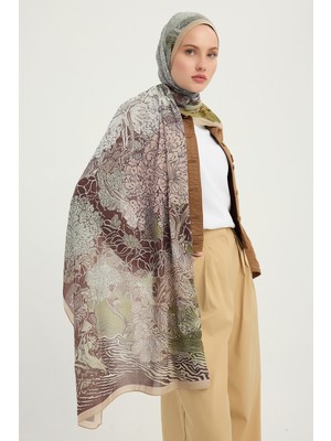 Schaless Sessiz Mevsimler - Yeşil-Kahve - Efilia Desenli Şal - 70X190 cm