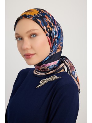 Schaless Çiçek Kozmosu - Lacivert - Aurora Desenli Janjan Eşarp - 90X90 cm