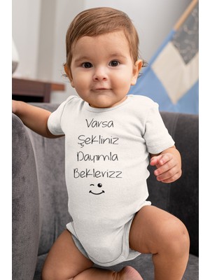 Overoz Dayımla Bekleriz Baskılı Beyaz Bebek Body Zıbın 5569