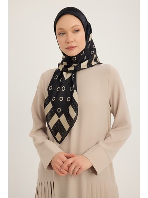 Schaless Ritmik Geometri - Siyah - Aurora Desenli Janjan Eşarp - 90X90 cm