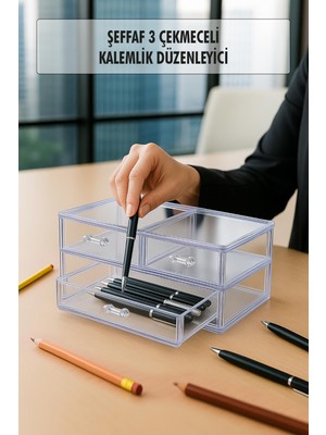 Sb Shopping Şeffaf 3 Çekmeceli Kalemlik Düzenleyici Organizer 14×24×10 cm