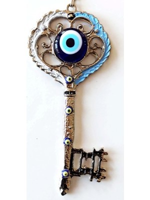 Nexgen Gümüş Kaplama Nazar Boncuklu Beyaz ve Mavi Nostaljik Anahtar Şekilli Duvar Süsü MCHD-RSETT34