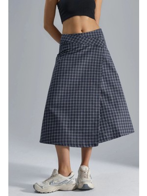 Hiccup Kadın Yüksek Bel Ekose Midi Etek Lacivert