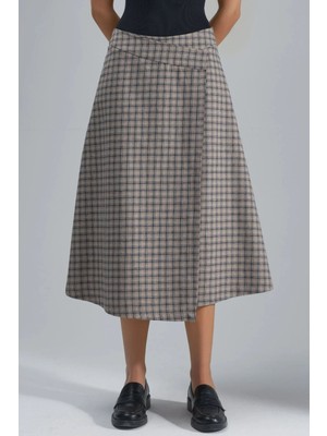 Hiccup Kadın Yüksek Bel Ekose Midi Etek Natural