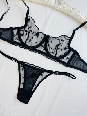 Rozenin Lingerie Siyah Balenli Dantelli Transparan Kapsız Tül Sütyen Takımı Çiçekli Desen