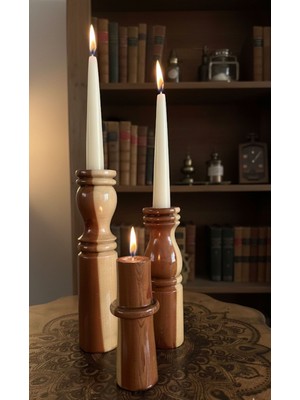 Tolga's Workshop El Yapımı Ardıç Ağacı 3’lü Ahşap Şamdan Seti – Mum Dahil | Rustik & Country Dekor (Doğal Ardıç Ağacı Rengi)