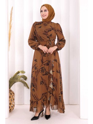 Bym Fashion Yaprak Desen Fırfır Detay Şifon Elbise 3842 Taba