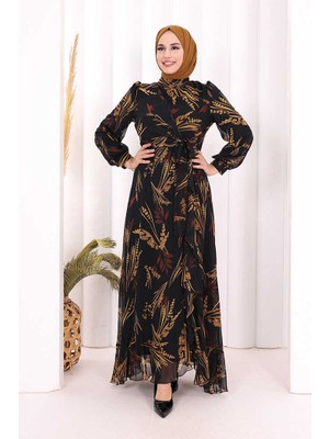 Bym Fashion Yaprak Desen Fırfır Detay Şifon Elbise 3842 Siyah