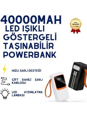Hızlı Store 40,000Mah Led Işıklı Göstergeli Hızlı Şarj Destekli Taşınabilir Powerbank Dahili Kablolu
