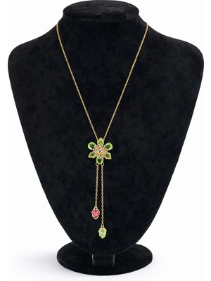 Pangu Renkli Taşlı Çiçek Motifli Altın Renk Y Çelik Zincir Kolye