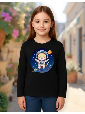 Mixxi Fashion Sevimli Kedi Astronot Uzay Cute Cat Baskılı Uzun Kollu Unisex  Çocuk Tişört (4-13 Yaş)
