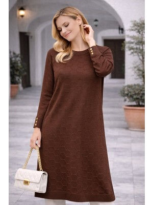 Fresh Moda Kadın Mevsimlik Petek Desen Uzun Büyük Beden Triko Kazak