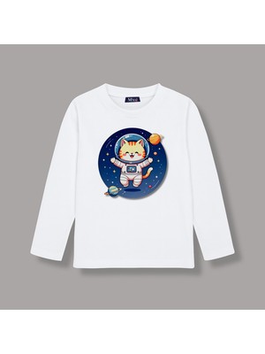 Mixxi Fashion Sevimli Kedi Astronot Uzay Cute Cat Baskılı Uzun Kollu Unisex  Çocuk Tişört (4-13 Yaş)