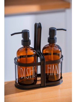 Morponi Metal Stantlı 2'li Cam Sabunluk&deterjanlık Hands-Dishes Amber 500 ml + 500 ml
