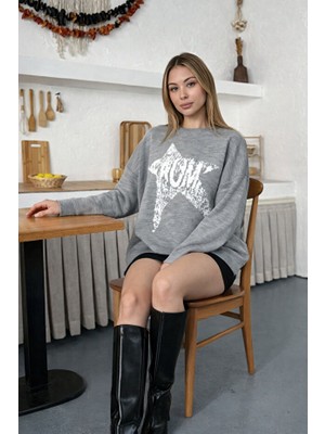 Kadın Yıldız Desenli Oversize Triko Kazak