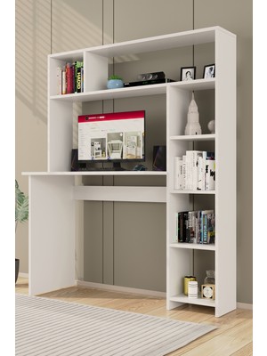 Dekomonte Çalışma Masası Kitaplıklı Masa Bilgisayar Masası 6 Bölmeli Beyaz