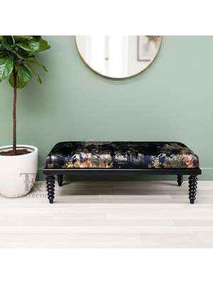 T&H Queen Bench Ahşap Ayaklı Siyah, Lüks Dokuma Kumaşlı Bench