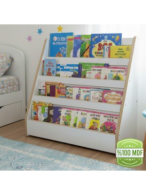4 Raflı Montessori Kitaplık – Önden Görünür Çocuk Odası Kitaplığı, Yerden Mdf Kitap Rafı