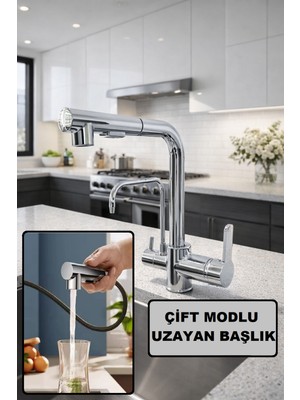 Rena Design Krom Arıtmalı Spiralli 2 Modlu Başlık L Boru Mutfak Evye Bataryası  Gümüş Prinç Armatür Musluk