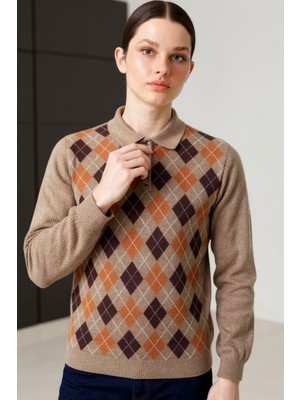 Desen Triko Kadın Polo Yaka Önü Baklavalı Yün Kazak V.camel