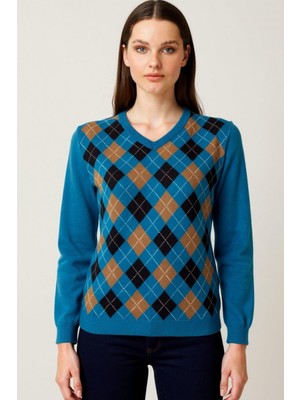 Desen Triko Kadın V Yaka Baklavalı Yün Kazak A.petrol