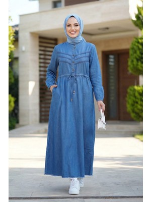 Harman Butik Kadın Dantel Detaylı Belden Sıkmalı Cepli Kot Mavi Elbise